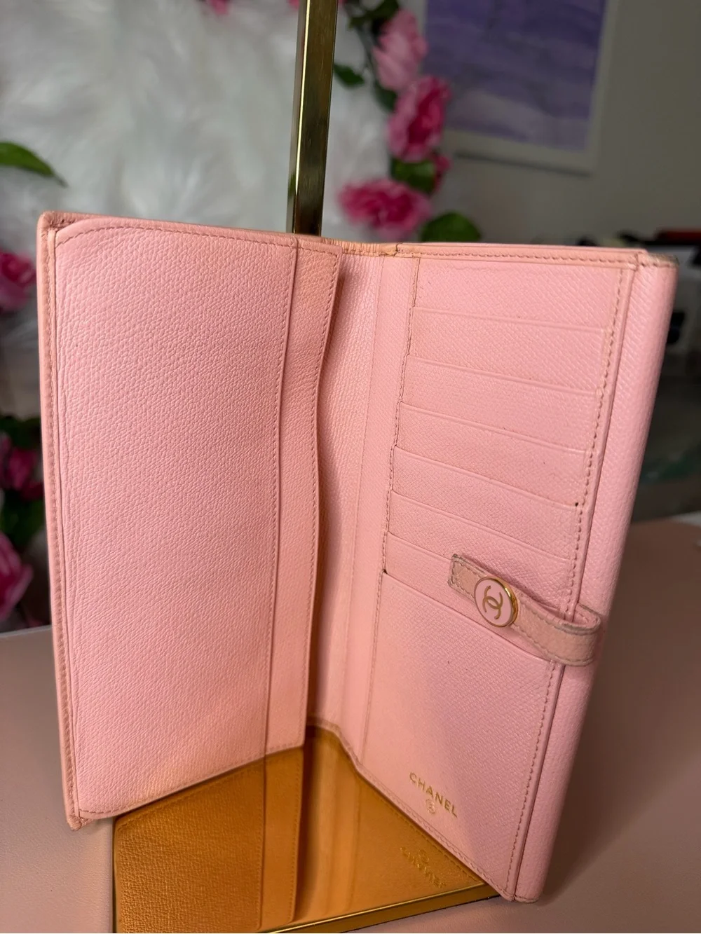 CHANEL Vintage Pink Leather Button Flap Long Wallet Organizer 9-Series